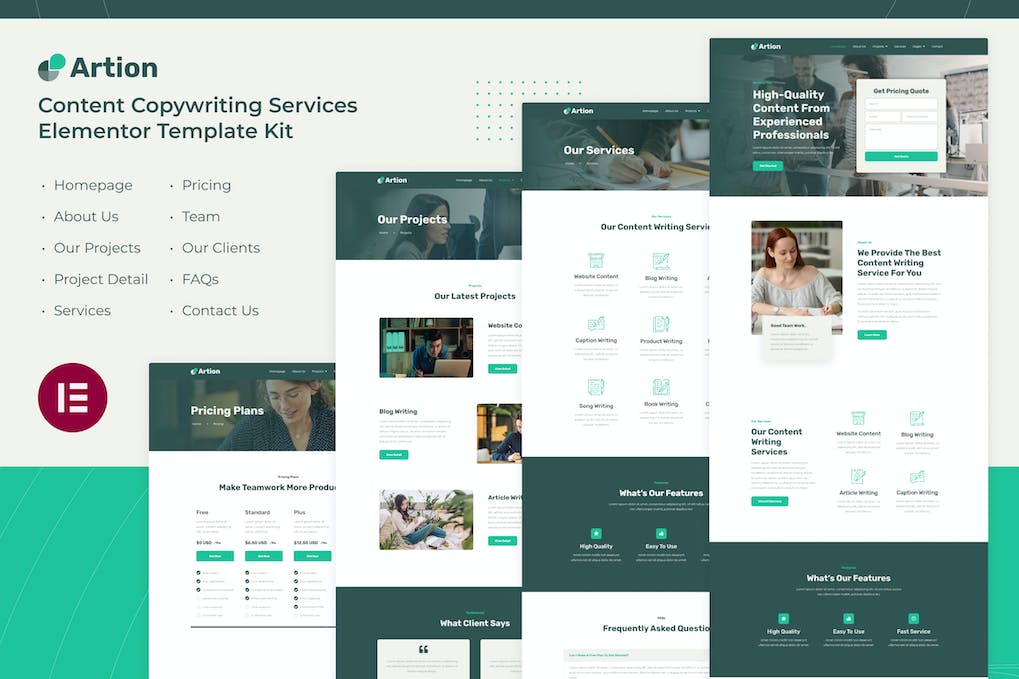 Artion | Kit de modelos Elementor para serviços de redação de conteúdo